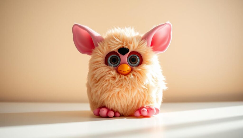 A 1998 Furby doll sitting on a white table, bathed in soft, warm lighting. The plush, furry creature is depicted in a natural, unposed manner, showcasing its distinctive features - large, expressive eyes, pointed ears, and a slightly open, smiling mouth. The Furby's colors are vibrant and well-preserved, hinting at its potential value as a collectible item. The background is minimal, allowing the Furby to be the central focus, with subtle shadows and highlights adding depth and dimensionality to the scene. The overall presentation conveys a sense of nostalgia and the enduring appeal of this iconic 90s toy.