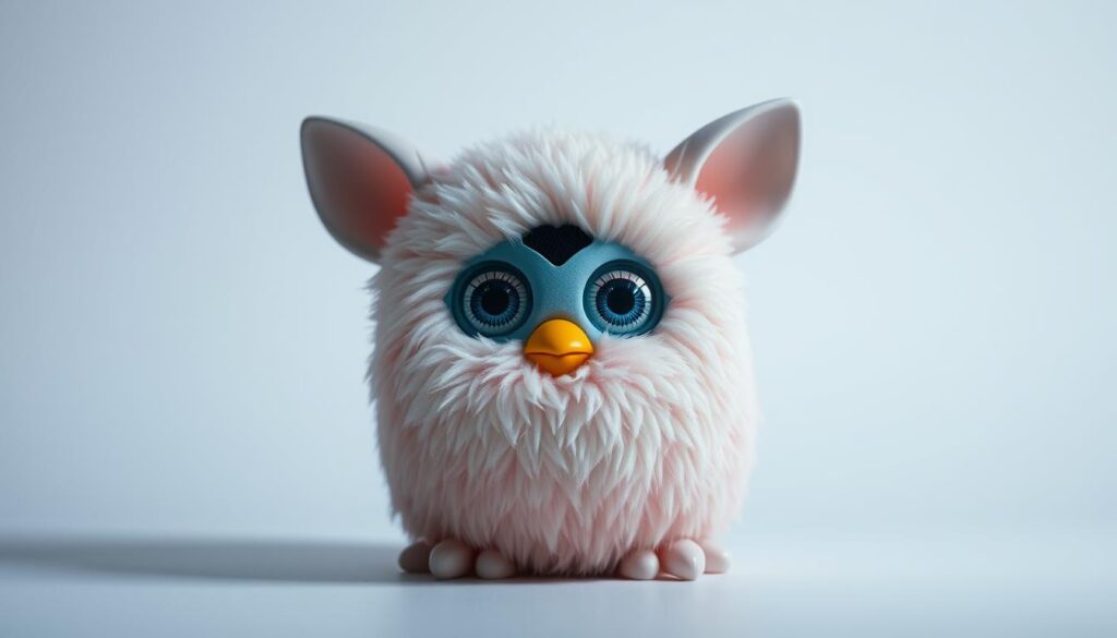 A Furby Boom figure positioned at the center of the frame, illuminated by soft, diffuse lighting that highlights its pastel-colored, textured fur and distinct features. The Furby's eyes are wide open, as if in a state of reset or recalibration, against a clean, minimalist background that emphasizes the character's iconic design. The camera angle is slightly elevated, offering a three-quarter view that captures the Furby's form in detail. The overall mood is one of tranquility and focus, inviting the viewer to observe the Furby Boom in its default, reset state.