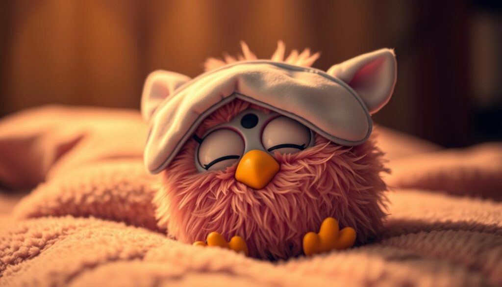 A Furby doll resting on a plush surface, its eyes gently closed as a soft sleep mask is placed over its face, blocking any light. The scene is illuminated by warm, diffused lighting, creating a cozy and calming atmosphere. The focus is on the Furby, with the background subtly blurred, drawing attention to the central subject. The image conveys a sense of peace and tranquility, reflecting the process of safely and effectively turning off the Furby without disruption.