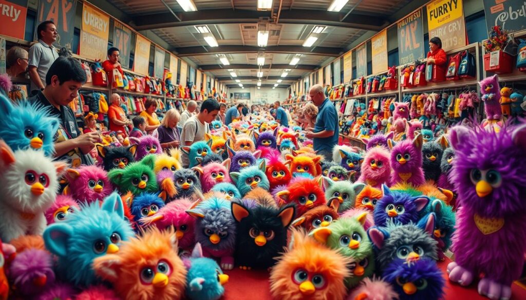 A bustling Furby resale market, captured in a vibrant wide-angle photograph. In the foreground, a table overflows with a colorful array of vintage Furby toys, their big eyes and fuzzy bodies reflecting the warm lighting. The middle ground shows eager shoppers examining and haggling over the prized collectibles, their faces alight with nostalgia. In the background, a maze of similar vendor stalls stretches out, creating a lively, flea market-style atmosphere. The image conveys the enduring appeal and cultural significance of the original Furby phenomenon, as enthusiasts seek to recapture the magic of their childhood through these iconic toys.