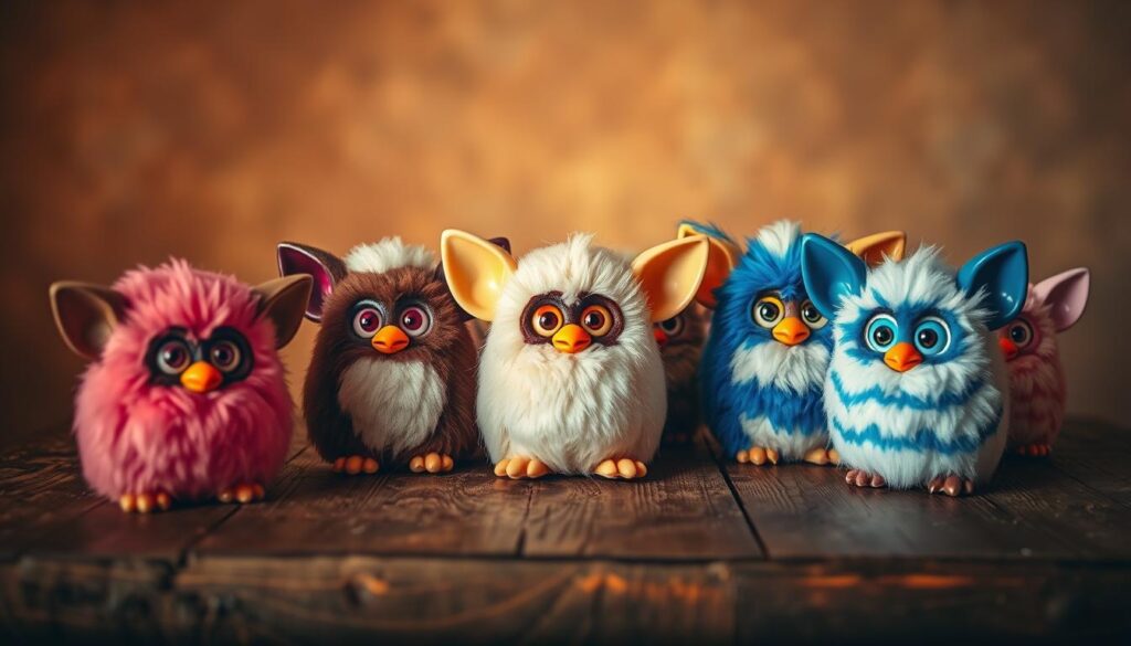 A carefully curated collection of vintage Furby figurines sits atop a weathered wooden table, bathed in warm, soft lighting. The plush, fuzzy creatures in a variety of colors and patterns are displayed with reverence, their large, expressive eyes and distinctive ear shapes creating an endearing, nostalgic scene. In the background, a subtle sepia-toned backdrop evokes a sense of timelessness, while the overall composition captures the essence of a cherished collection from a bygone era, ready to be rediscovered and appreciated by Furby enthusiasts.