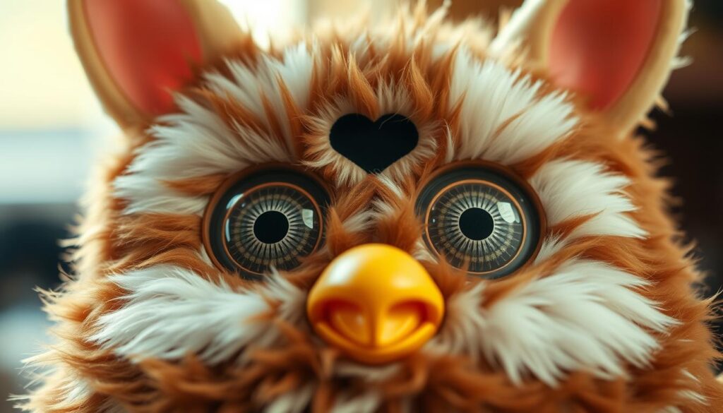 A closeup view of the iconic 1998 Furby, showcasing its unique blend of mechanical and electronic components. The Furby's large, expressive eyes are the focal point, with its fuzzy brown and white fur texture meticulously rendered. The image captures the Furby's distinctive triangular ears and small beak, highlighting the attention to detail in its design. The lighting is warm and natural, casting subtle shadows that accentuate the Furby's three-dimensional form. The background is softly blurred, allowing the Furby to take center stage and convey the sense of nostalgia and wonder that defined the original Furby craze.