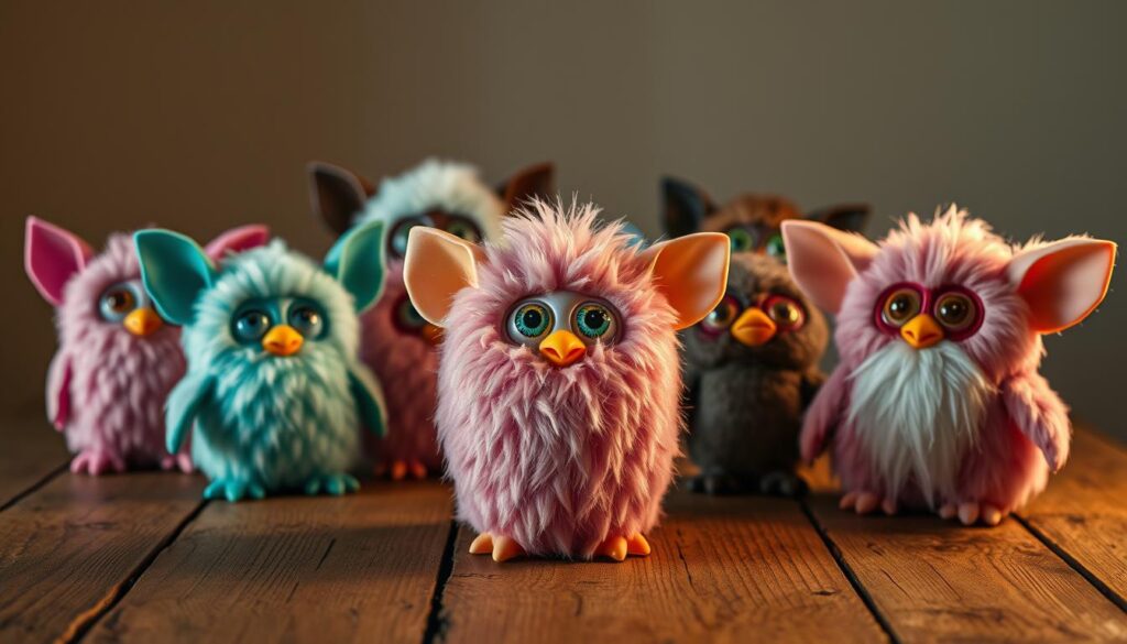 A collection of vintage Furby dolls arranged on a weathered wooden table, illuminated by warm, soft lighting. The Furbies are in various pastel colors and expressions, showcasing their unique and whimsical designs. In the foreground, a classic first-generation Furby takes center stage, its large eyes and fuzzy exterior standing out against the aged table surface. In the middle ground, several rarer and more sought-after Furby variants, such as the Emoto-Tronic and Talking Furby, are displayed, inviting closer inspection. The background features a neutral, slightly blurred backdrop, allowing the focus to remain on the nostalgic Furby collectibles.