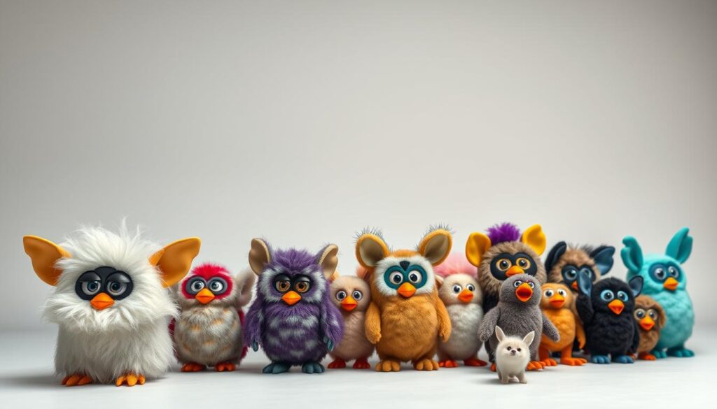 A collection of vintage Furby toys arranged in a dynamic evolutionary display, showcasing the iconic character's transformation over the decades. The foreground features the original 1998 Furby, its furry face and large expressive eyes capturing the nostalgia of the beloved toy. Behind it, a sequence of Furby models unfolds, each iteration unveiling subtle design changes, new color palettes, and technological advancements. The middle ground showcases a diverse array of Furby variants, their unique personalities and personalities evident in their postures and expressions. The background subtly fades into a soft, neutral tone, allowing the Furbys to take center stage and highlight their captivating evolution. Crisp lighting and a clean, studio-like setting lend an air of curation and reverence to this Furby timeline.