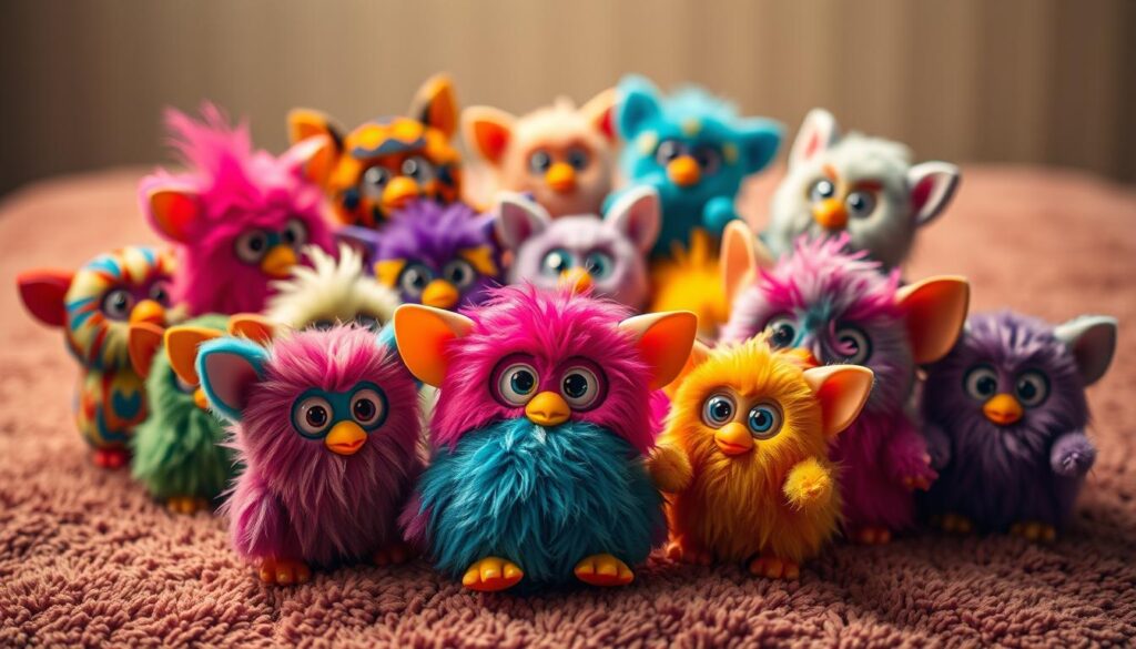 A cozy and colorful scene of a group of Furby friends gathered together on a plush, textured surface. In the foreground, several Furbies in a variety of vibrant hues and patterns sit or stand, their wide eyes and expressive faces conveying a sense of playful camaraderie. In the middle ground, additional Furbies in different poses and positions create a dynamic, three-dimensional tableau. The background is softly blurred, allowing the Furby friends to be the central focus, illuminated by warm, diffused lighting that casts gentle shadows and highlights the plush, fluffy textures of their fur. The overall atmosphere is one of whimsical nostalgia, inviting the viewer to imagine the mischievous antics and endearing personalities of these iconic 90s toys.