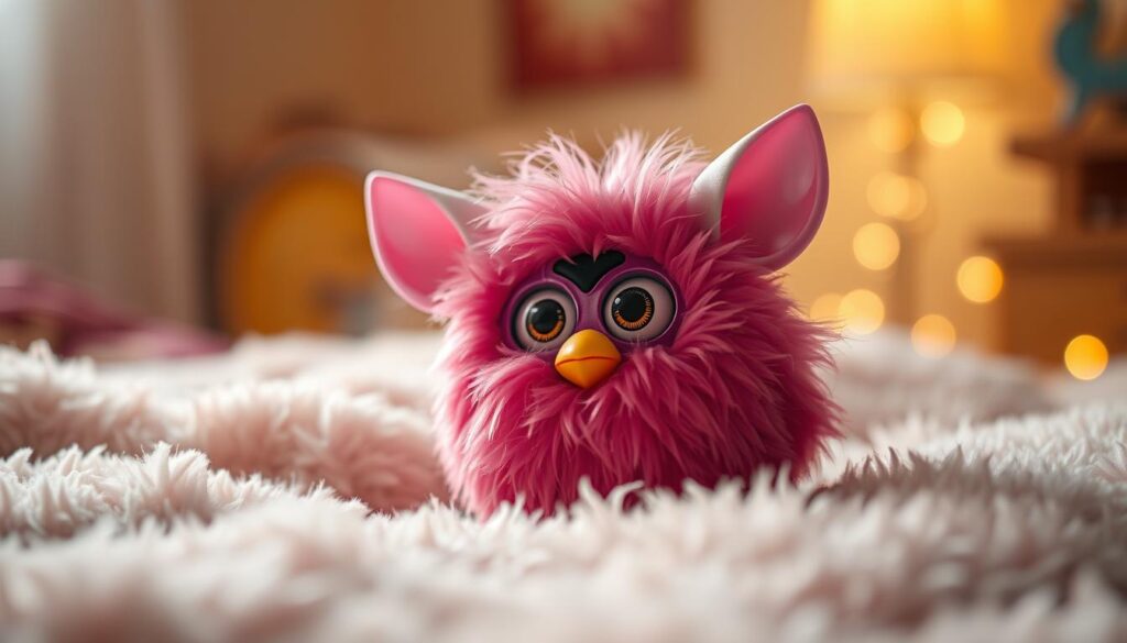 A cozy, well-lit scene of a playful Furby Boom toy on a soft, plush surface. The Furby has an engaging expression, with its large eyes and curious tilt of the head, conveying a sense of personality development and exploration. The lighting is warm and inviting, creating a nostalgic, dreamlike ambiance. The background is blurred, allowing the Furby to be the central focus, almost as if it is coming to life. The Furby's fur is rendered in intricate detail, capturing its fuzzy texture and vibrant colors. The composition is balanced, with the Furby positioned slightly off-center to create visual interest. The overall scene evokes a sense of whimsy, imagination, and the joy of playing with a beloved childhood toy.