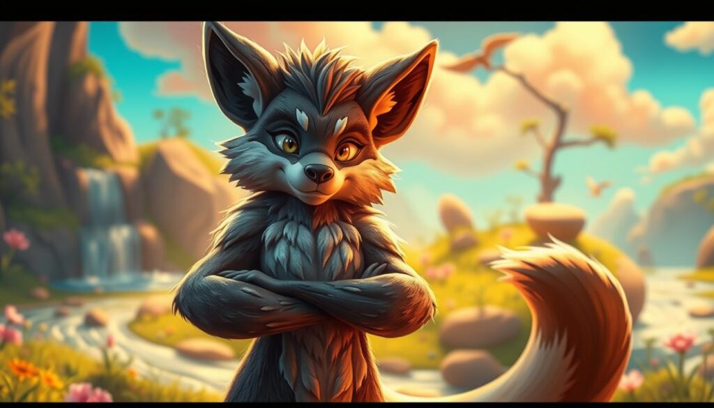 A detailed, anthropomorphic fursona character standing confidently in a vibrant, fantastical landscape. The fursona has a distinctive animal-like appearance with realistic fur textures, intricate facial features, and expressive eyes. The figure is illuminated by warm, soft lighting, casting gentle shadows that accentuate the sculpted form. In the background, there is a dreamlike, whimsical setting filled with natural elements like lush vegetation, flowing water, and a colorful, cloud-dotted sky. The overall mood is one of self-expression, identity, and a connection to the natural world.