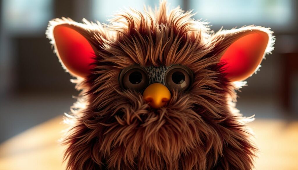 A detailed close-up photograph of an original Furby toy from the late 1990s, captured in soft, warm lighting that emphasizes its unique textured fur and expressive features. The Furby is positioned in the foreground, with a shallow depth of field that blurs the background, drawing the viewer's attention to the intricate details of the toy's design. The lighting casts subtle shadows, creating a sense of depth and dimension, while the overall composition highlights the Furby's captivating and whimsical appearance, which made it a beloved and sought-after collectible.