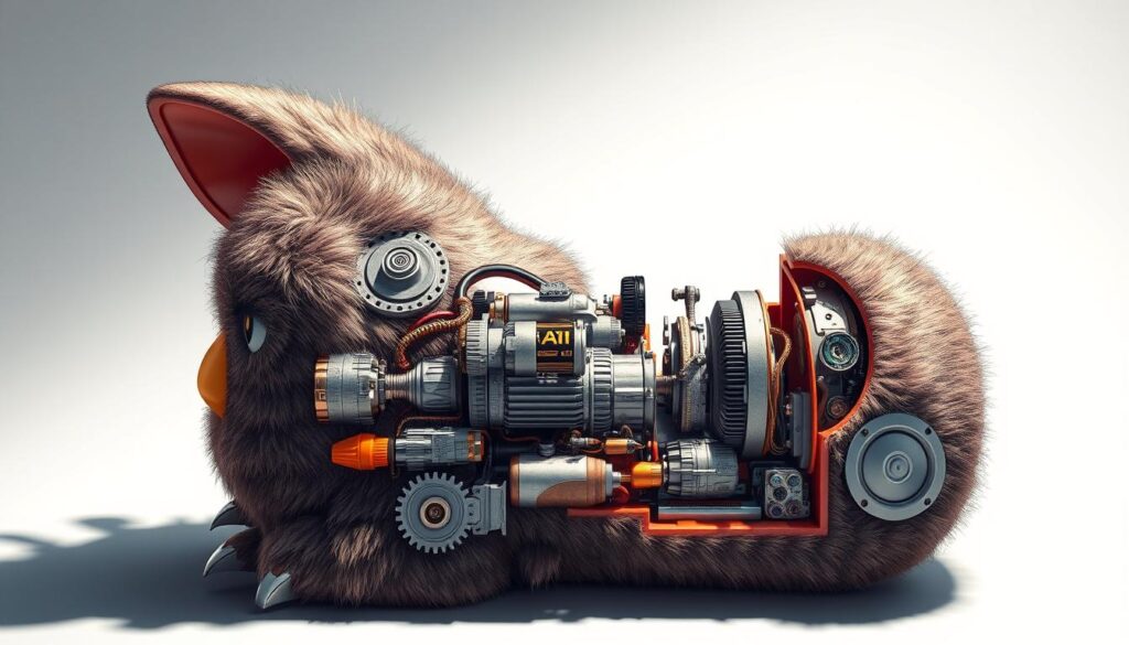 A detailed cutaway view of the internal mechanics of a classic Furby electronic toy, rendered in a technical, scientific illustration style. The foreground shows the intricate gears, motors, circuit boards, and speakers that bring the Furby to life, with precise mechanical details. The middle ground showcases the Furby's iconic furry exterior partially dissected, revealing the complex inner workings. The background is a neutral, white environment, allowing the engineering marvels to be the focal point. Dramatic side lighting casts shadows, emphasizing the depth and complexity of the Furby's technological innards. The overall mood is one of fascination and appreciation for the clever design of this beloved 90s toy.