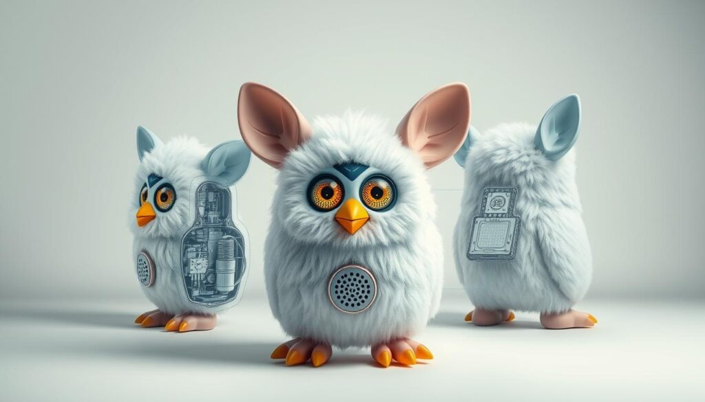 A detailed technical schematic of the original Furby plush toy, displayed against a clean, minimalist background. The Furby is shown from multiple angles, highlighting its internal mechanisms, sensors, and electronic components. The image conveys a sense of scientific curiosity and the innovative engineering behind this iconic 90s robotic pet. Soft, diffused lighting illuminates the various features, including the articulated ears, expressive eyes, and integrated speaker. The overall mood is one of technical fascination, inviting the viewer to explore the inner workings of this beloved childhood toy.
