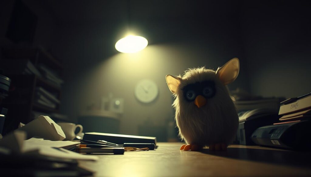 A dimly lit room, the shadows cast by a single flickering light source, creating an eerie, unsettling atmosphere. In the foreground, a Furby sits ominously on a cluttered desk, its lifeless glass eyes seemingly staring into the viewer's soul. The Furby's once-innocent features have been distorted, its plastic fur matted and discolored, hinting at a sinister, otherworldly presence. The middle ground is hazy, with an indistinct figure lurking in the background, a suggestion of a presence that amplifies the sense of fear and unease. The image is shot from a low angle, creating a sense of vulnerability and powerlessness, as if the viewer is trapped in this unsettling scene.