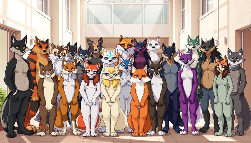 A diverse array of anthropomorphized animal characters, representing the demographics of the furry community, arranged in a well-balanced composition. They stand in a sunlit atrium, with a muted color palette and soft, diffused lighting. The subjects are posed casually, conveying a sense of community and camaraderie. The scene captures the inclusive and welcoming nature of the furry fandom, with a range of body types, species, and gender expressions visible. The overall atmosphere is one of acceptance and celebration of individuality within the group.