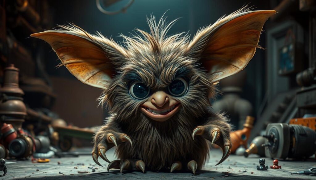 A furry, wide-eyed Furby-like creature with prominent pointed ears, sharp claws, and a mischievous grin. The creature is rendered in a gritty, heavily textured style reminiscent of the 1980s Gremlins film, with a weathered, aged appearance. The creature is situated in a dimly lit, cluttered workshop or studio, with scattered mechanical parts and discarded toys in the background, suggesting a connection between the Furby design and the Gremlins aesthetic. Dramatic, high-contrast lighting casts dramatic shadows, heightening the sense of mystery and foreboding. The overall tone is a fusion of whimsical charm and unsettling horror, capturing the essence of the Gremlins influence on the iconic Furby design.