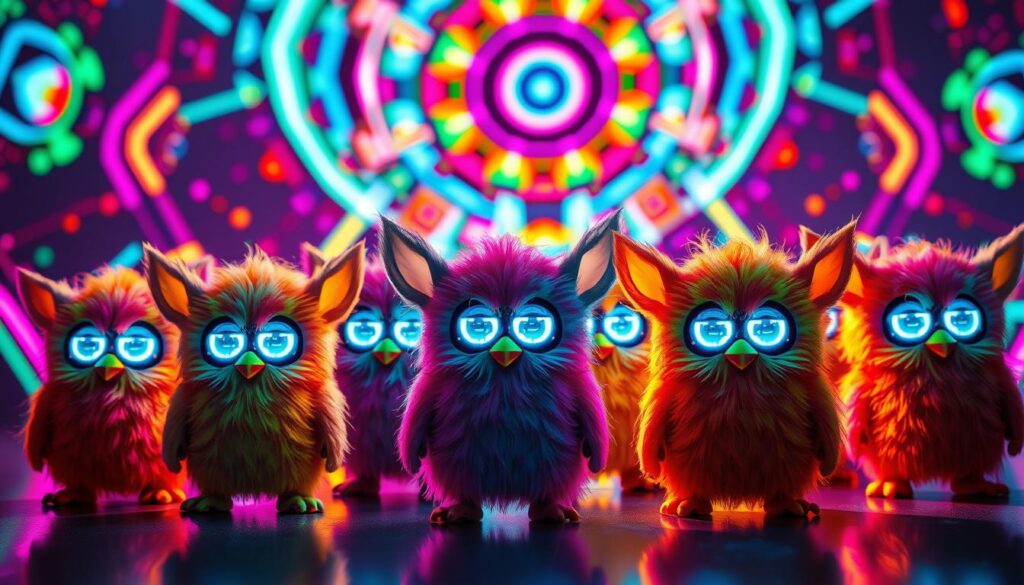 A group of Furbies with LCD eyes, standing in a neon-lit, retro-futuristic setting. The Furbies are arranged in a dynamic, eye-catching composition, their colorful fur and glowing digital eyes creating a mesmerizing visual contrast. The background features a kaleidoscopic blend of futuristic shapes, patterns, and vibrant hues, evoking a sense of technological wonder and the evolution of these beloved electronic toys. Dramatic lighting casts dramatic shadows, adding depth and drama to the scene. The overall mood is one of nostalgia, technological progress, and the enduring appeal of these iconic 90s toys.