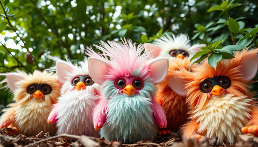 A group of vintage Furby dolls, their furry bodies in various pastel hues, arranged in a natural setting. The Furbies are posed against a backdrop of lush, verdant foliage, capturing the whimsical and playful spirit of the iconic 90s toy. Soft, diffused lighting illuminates the Furbies, creating a sense of warmth and nostalgia. The camera angle is low, inviting the viewer to engage with the Furbies at eye level, as if they are curious onlookers. The overall composition conveys a sense of wonder and imagination, hinting at the complex history and cultural significance of these beloved creatures.