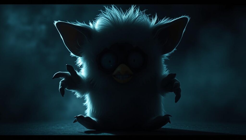 A haunting, distorted Furby figure shrouded in an eerie, dim light. Its hollow eyes and twisted, contorted features exude an unsettling, supernatural presence. The background is a hazy, shadowy void, amplifying the sense of unease and the otherworldly nature of the subject. The lighting casts dramatic shadows, adding depth and a foreboding atmosphere. The Furby's limbs are awkwardly positioned, as if possessed by a dark, malevolent force. This cursed Furby appears to be a portal to a realm of nightmares, a chilling embodiment of the supernatural claims surrounding these once-popular toys.