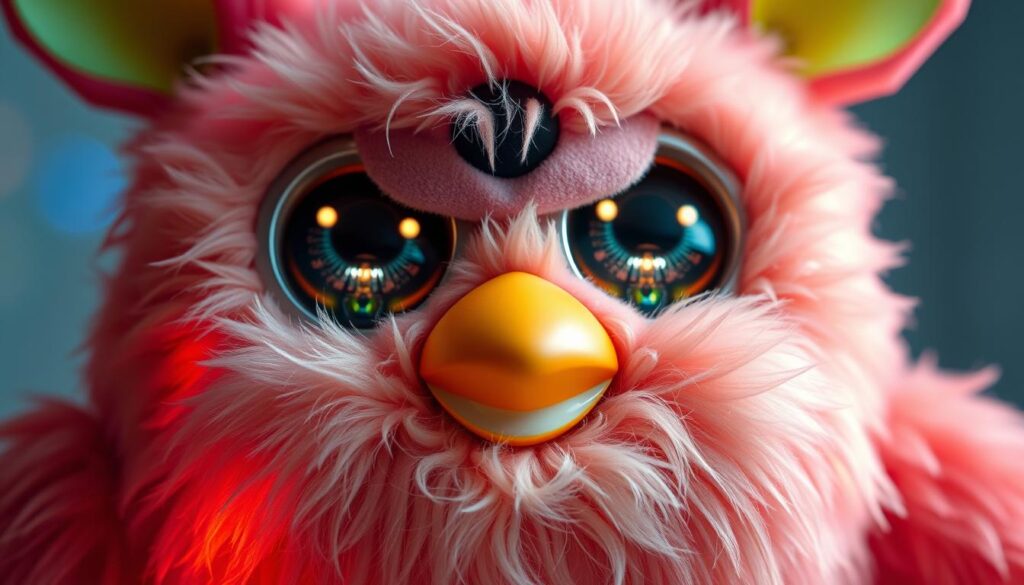 A high-resolution, detailed close-up of the latest Furby model, showcasing its new features. Vibrant, colorful lighting illuminates the soft, fuzzy texture of the Furby's plush body. Prominent, expressive eyes with a mischievous glint peer out, complemented by a mouth that appears to move and speak. The Furby's sleek, modernized design incorporates innovative sensors and technology, visible in the subtle details of its construction. Intricate mechanical components are visible through translucent panels, hinting at the advanced capabilities of this fifth-generation Furby. An overall sense of playfulness and interactivity radiates from the image, inviting the viewer to engage with this captivating new Furby design.