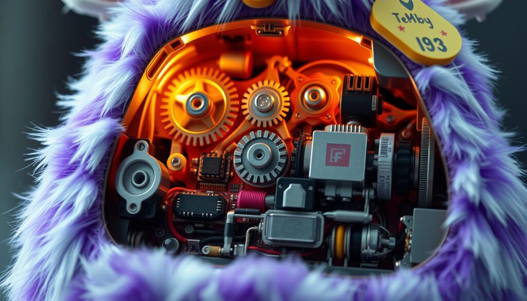 A highly detailed, cross-sectional view of the internal mechanism of a 1998 Furby toy, captured with precision and accuracy. The image should showcase the intricate gears, motors, sensors, and electronic components that powered the Furby's lifelike movements and interactions. Render the scene with a technical, engineering-focused aesthetic, using soft, even lighting to highlight the individual parts and their interconnected nature. Capture the scene from a slightly elevated angle to provide a clear, comprehensive view of the Furby's inner workings, while maintaining a sense of scale and proportion. The overall tone should be one of fascination and wonder at the engineering behind this iconic 90s toy.