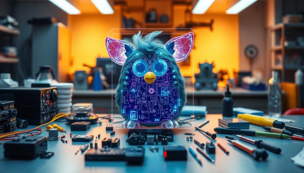A laboratory workbench filled with various electronic components, tools, and a disassembled Furby sits in the foreground. In the middle ground, a holographic display showcases the intricate inner workings and circuitry of the Furby, revealing its cutting-edge technology. The background is bathed in a warm, futuristic glow, highlighting the advanced nature of the Furby's design. The scene is captured with a high-resolution camera, using depth of field to focus the viewer's attention on the mesmerizing details of the Furby's inner mechanisms.