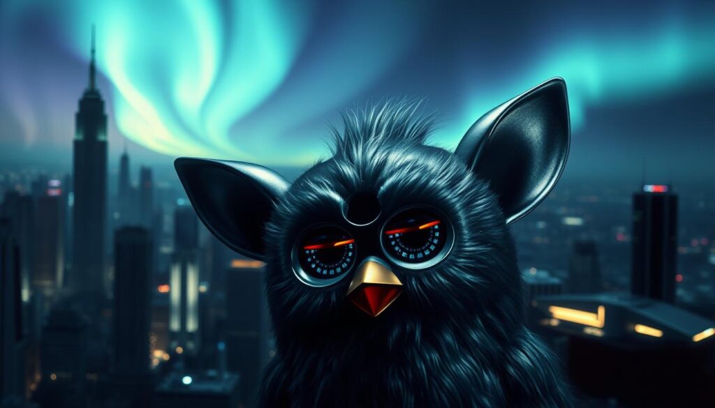 A modern, digital interpretation of the classic Furby tale. In the foreground, a sleek, metallic Furby-like creature gazes enigmatically, its large, expressive eyes conveying a hint of mischief. The middle ground features a dimly lit, futuristic cityscape, skyscrapers and holograms creating an atmospheric, cyberpunk setting. In the background, the sky is ablaze with aurora-like lights, casting an ethereal, otherworldly glow. The image is bathed in a cool, moody palette, with dramatic chiaroscuro lighting accentuating the Furby's form. The overall atmosphere is one of mystery, technology, and the lingering spirit of the iconic '90s toy.