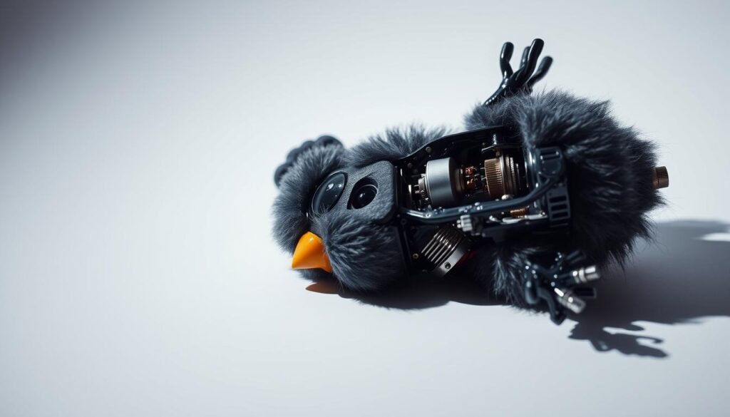 A sleek, exposed Furby mechanism resting on a minimalist, white backdrop. The metal and plastic components glint under bright, directional lighting, casting deep shadows that accentuate the intricate inner workings. The absence of fur reveals the toy's unique, almost cyberpunk aesthetic, hinting at the engineering wonder beneath the familiar exterior. The frameless, close-up composition draws the viewer's attention to the Furby's mesmerizing mechanical form, inviting contemplation of its stripped-down, mechanical nature. This image captures the essence of a Furby stripped of its signature plush coat, highlighting the captivating design that lies at the heart of this iconic children's toy.