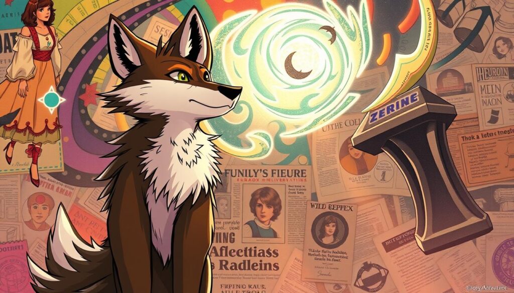 A vibrant, artistic depiction of the furry fandom's origins. In the foreground, an anthropomorphic creature - a wolf or fox - stands proudly, its eyes filled with a sense of wonder and discovery. Surrounding it, a swirling vortex of colorful shapes and patterns, hinting at the creative energy and imagination that birthed this unique subculture. In the background, a collage of vintage illustrations, zines, and early furry artworks, capturing the origins of this movement. Warm, diffused lighting casts a dreamlike glow, evoking the spirit of the early furry community. Rendered with a stylized, illustrative aesthetic that celebrates the fandom's artistic spirit and its roots in the underground counterculture of the 1970s.