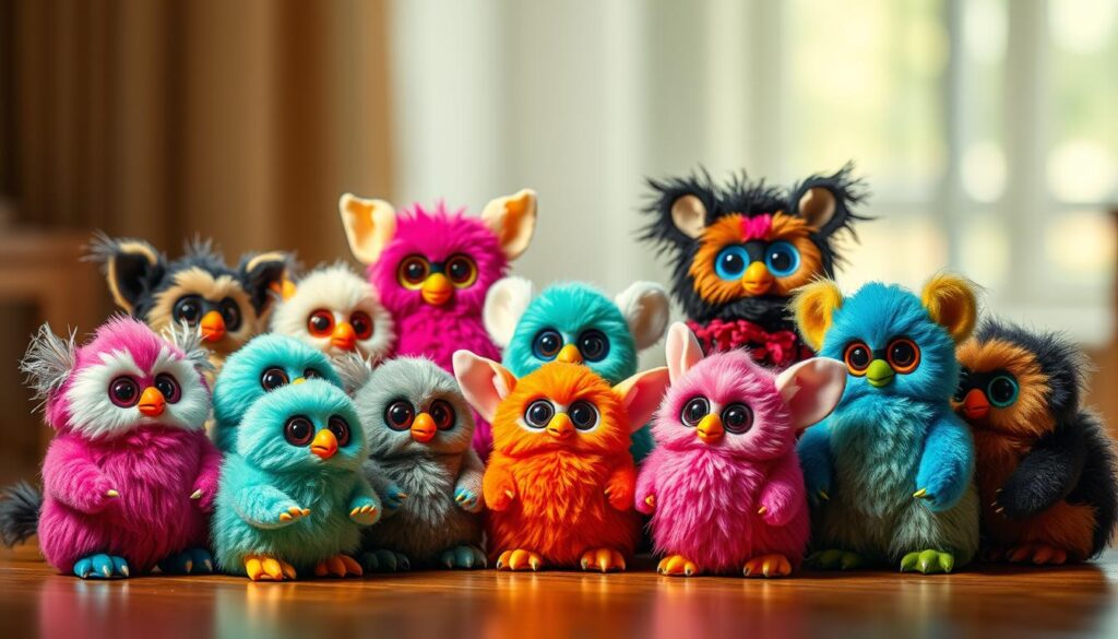 A vibrant display of Furbie generations, presented in a meticulously arranged tableau. In the foreground, a selection of classic Furbie models from different eras, each with its distinct features and design elements. Positioned against a softly blurred background, the Furbies appear to be engaging in a lively conversation, their expressive eyes and playful gestures creating a sense of liveliness and interaction. The lighting is warm and diffused, casting a gentle glow that enhances the textures and colors of the Furbie's plush exteriors. The overall composition conveys a sense of whimsy and nostalgia, inviting the viewer to explore the evolution of this beloved toy over the years.