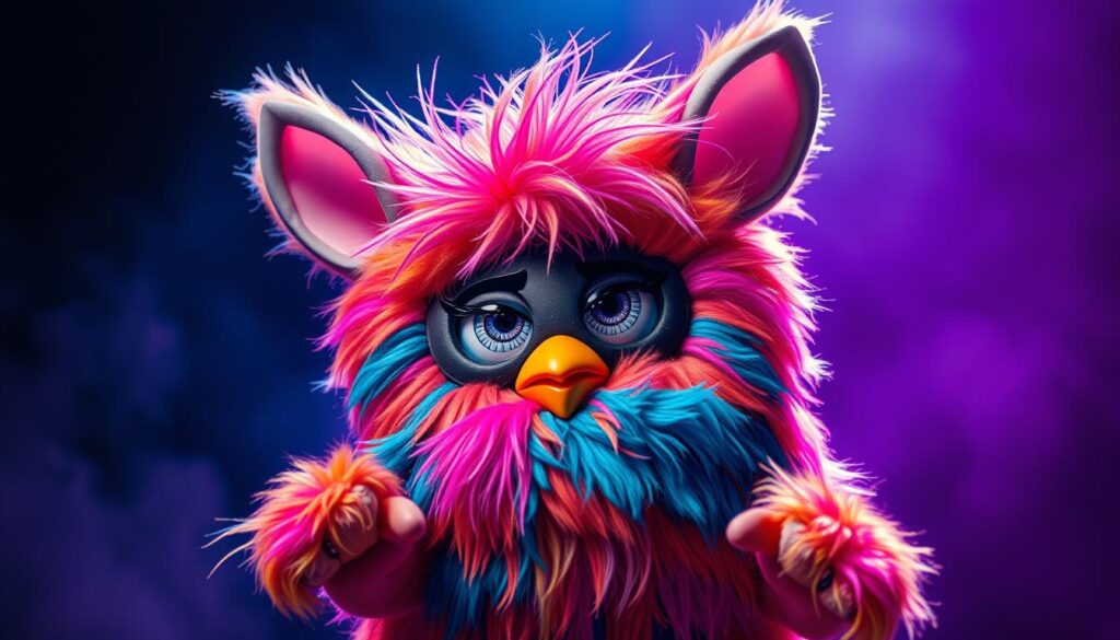 A vibrant, electrifying Furby Boom with a bold, expressive persona. Captured in a dynamic, rock-inspired pose, its eyes gleam with a mischievous, confident gaze. The Furby's plush, multicolored fur is tousled, conveying a sense of unbridled energy. Dramatic studio lighting casts dramatic shadows, highlighting the Furby's quirky, unconventional features. The background is a hazy, atmospheric blend of deep blues and purples, creating a dreamlike, otherworldly setting that amplifies the Furby's captivating, larger-than-life presence.