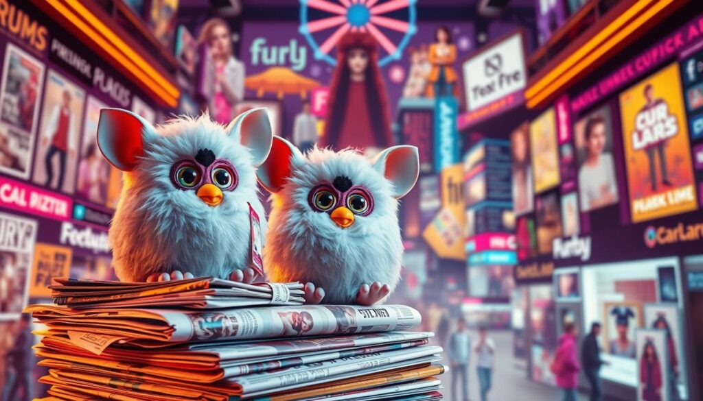 A vibrant, hyperrealistic depiction of the cultural impact of the iconic Furby toy. In the foreground, a whimsical Furby sits atop a stack of magazines, newspaper clippings, and merchandise, symbolizing its widespread popularity and influence. The middle ground features a collage of Furby-inspired fashion, artwork, and consumer products, showcasing the toy's enduring legacy. In the background, a kaleidoscope of neon-lit cityscapes and social media feeds, conveying the Furby's permeation into contemporary culture and the digital age. Warm, saturated lighting, a shallow depth of field, and a dynamic composition evoke a sense of nostalgia and the lasting impact of this beloved 90s phenomenon.