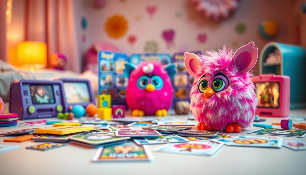 A vibrant, whimsical scene showcasing the interactive games of the iconic Furby Boom toy. In the foreground, a colorful Furby Boom character sits amid a scattered array of playful game cards and accessories. The middle ground reveals a dynamic display of mini-games and activities, their visuals popping with vivid hues and engaging graphics. In the background, a softly blurred, pastel-tinged environment evokes a sense of joy and nostalgia. Warm, diffuse lighting bathes the entire scene, creating a cozy, inviting atmosphere. The composition is balanced and visually captivating, drawing the viewer into the playful world of Furby Boom interactive entertainment.