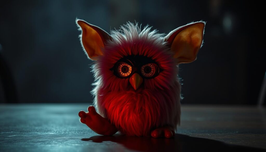 A vintage 1999 Furby sits on a dimly lit table, its large eyes glowing ominously in the shadows. The toy's fuzzy exterior appears worn and weathered, hinting at a dark history. Soft, eerie lighting casts an unsettling ambiance, as if the Furby itself is emitting an otherworldly energy. The background is a blurred, ominous setting, suggesting a sense of unease and the unknown. The overall scene conveys a sense of the Furby's sinister nature, hinting at the dark origins and unsettling aura of this iconic 90s toy.