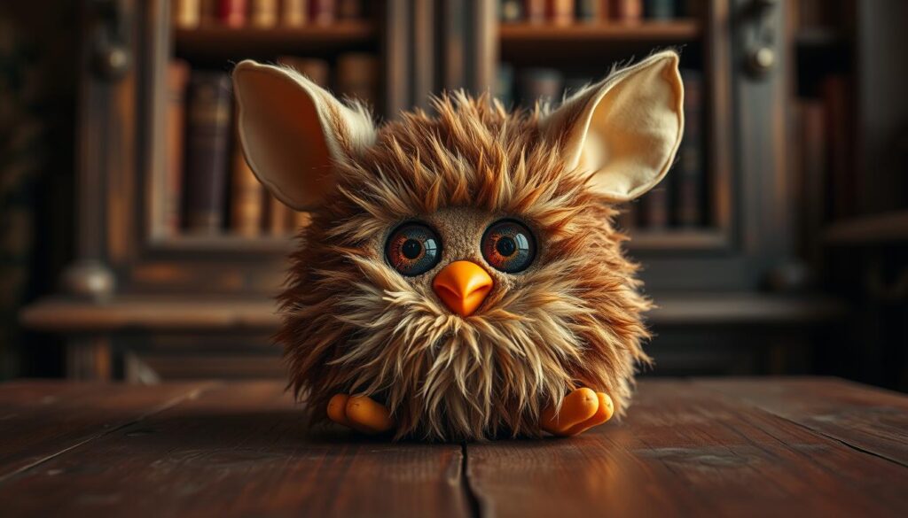 A vintage Furby toy sitting on a weathered wooden table, illuminated by warm, soft lighting. The plush fur in shades of brown and beige appears well-loved, with a slightly worn and distressed texture. The large, expressive eyes peer curiously, the mouth slightly open in a friendly expression. The Furby is placed against a backdrop of an antique bookshelf, hinting at its history and the nostalgia it evokes. The overall scene conveys a sense of comfort, charm, and the enduring appeal of this classic electronic pet.