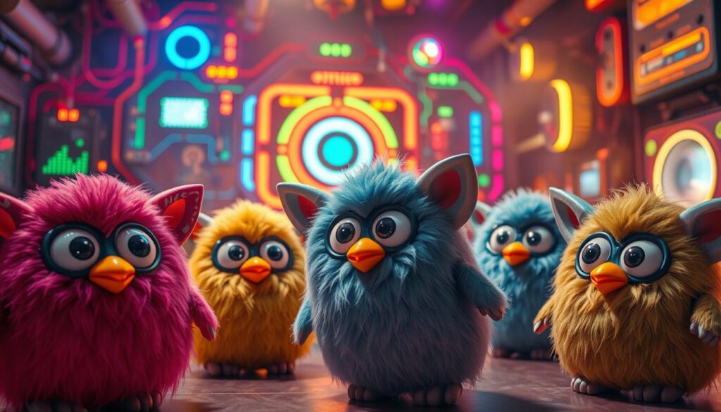 A whimsical scene of interactive electronic pets in a vibrant 90s setting. In the foreground, a group of colorful Furby-like creatures with large expressive eyes and fuzzy textures engage in playful interactions, their robotic movements and calls bringing them to life. The middle ground features a retro-futuristic backdrop of neon-lit circuits, blinking LED displays, and futuristic gizmos, evoking the technological advancements of the era. The background is filled with a hazy, nostalgic glow, setting the mood for this iconic moment in toy history. Warm lighting casts a dreamlike atmosphere, highlighting the tactile, tangible nature of these lovable electronic companions. Detailed, high-resolution, cinematic, award-winning photography.