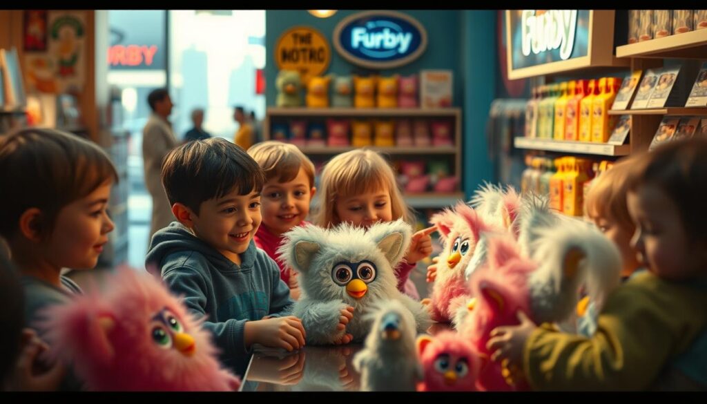 A whimsical scene of the original 1998 Furby release, captured in a warm, nostalgic light. In the foreground, a group of curious children gathered around a display table, their eyes wide with wonder as they gently caress the fuzzy, big-eyed Furby dolls. The mid-ground features a vibrant retail environment, with Furby merchandise neatly arranged on shelves, surrounded by retro-inspired decor and signage. In the background, a soft, blurred cityscape sets the scene, hinting at the cultural zeitgeist of the late 90s. The lighting is soft and inviting, creating a sense of timeless charm and the excitement of a much-anticipated product launch.