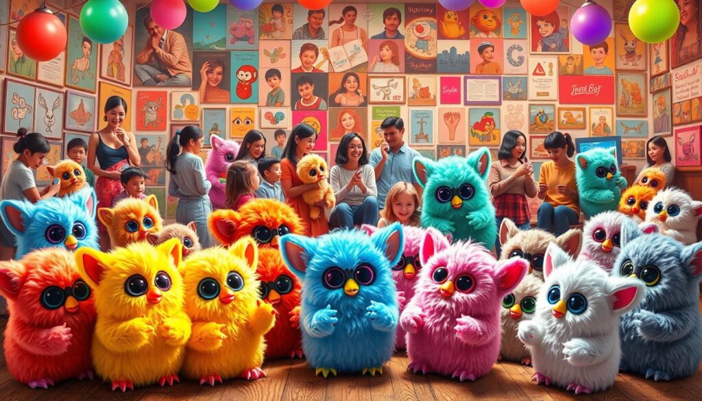 A whimsical, vibrant scene depicting the cultural impact of Furbie, the iconic 90s electronic toy. In the foreground, a group of Furbies in various colors and styles are engaged in playful interactions, their expressive faces and gestures conveying the beloved toy's ability to captivate and entertain. In the middle ground, a diverse array of people, from children to adults, are shown interacting with and cherishing their Furbies, showcasing the toy's universal appeal. The background features a collage of Furbie-inspired artwork, merchandise, and media, representing the widespread cultural influence of this beloved character. The scene is illuminated by warm, colorful lighting, creating a sense of nostalgia and joy, reflecting the enduring legacy of Furbie.
