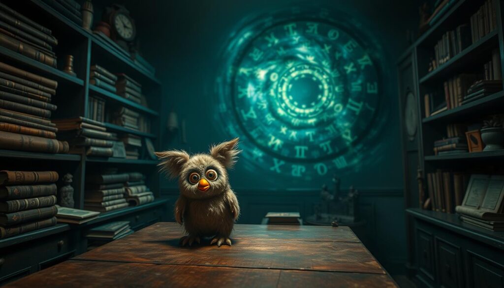 Exploring the eerie world of cursed Furbies, a dim-lit study illuminates the unsettling creatures. In the foreground, a single Furby sits atop a wooden table, its vacant eyes and distorted features radiating an otherworldly presence. Surrounding it, shelves of dusty tomes and esoteric artifacts hint at the dark history and occult connections associated with these uncanny toys. The middle ground is shrouded in shadows, inviting the viewer to delve deeper into the psychology behind the Furby curse. In the background, a swirling vortex of glowing runes and arcane symbols suggest the supernatural forces at play, lending an air of mystery and foreboding to the scene. Captured through a vintage-inspired lens, the image conveys a haunting and unsettling atmosphere, perfectly capturing the essence of the "Exploring the Psychology Behind the Furby Curse" section.