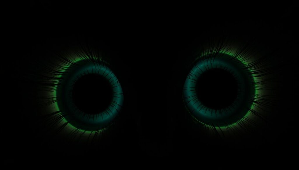 Furbies eyes, up close and unsettling, peering out from the darkness. The spherical orbs, wide and unblinking, exude an eerie, artificial glow. The lashes, unnaturally long and spindly, create an unsettling alien-like appearance. The pupils, pinprick dots of black, seem to bore directly into the viewer's soul, hinting at a disturbing sentience behind the facade. The lighting, low and dramatic, casts shadows that accentuate the eyes' unnatural features, creating an atmosphere of unease and discomfort. This surreal, almost supernatural vision of Furbies' eyes evokes a sense of the uncanny, perfectly capturing the creepy, haunting essence at the heart of the Furby enigma.