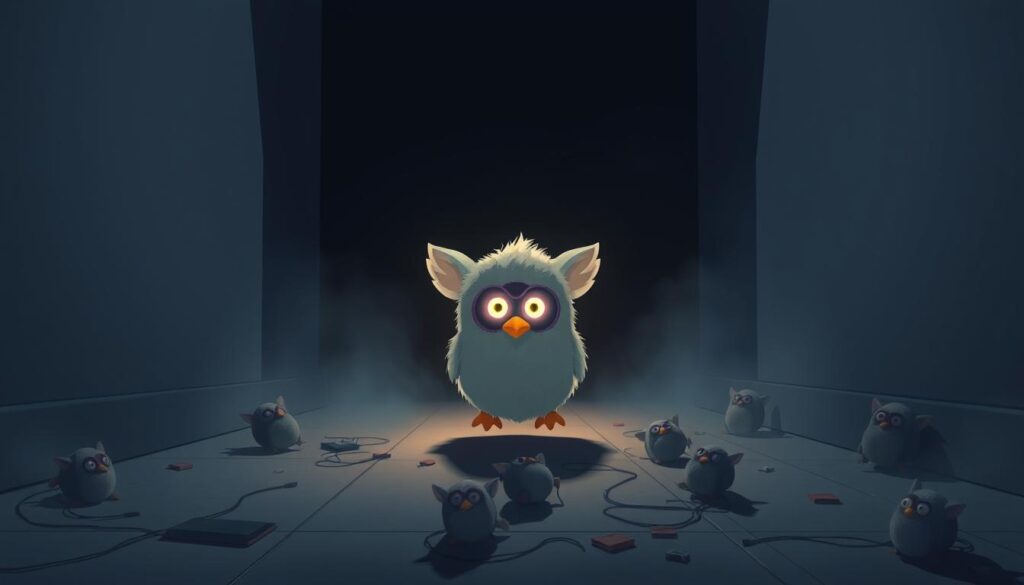 Furtive Furby Exclusion: A minimalist digital illustration depicting a dimly lit room, with scattered Furby toys on the floor. The focal point is a single Furby, its electronic eyes glowing ominously, suspended in an ethereal, eerie glow. The background is hazy, suggesting a sense of mystery and unease. The lighting is low-key, creating dramatic shadows and highlighting the sinister nature of the confined space. The overall atmosphere evokes a feeling of unease and the suspicion that these once-beloved toys have been deemed a threat, leading to their banishment.