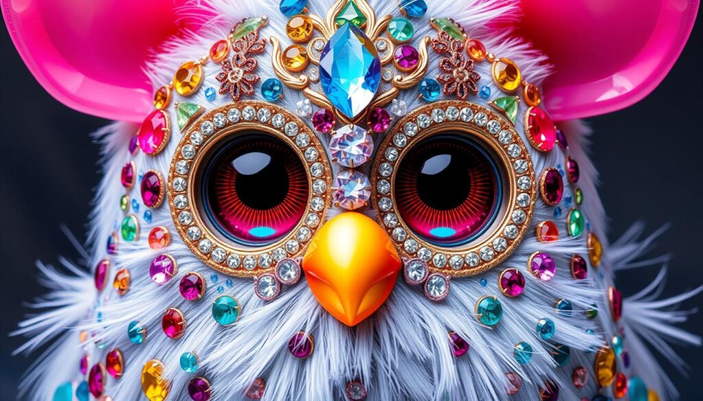 Generate an image of a Bejewelled Furby with intricate designs and precious stones.