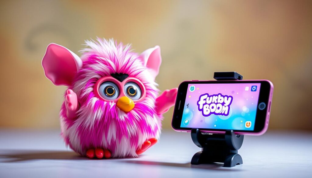 Generate an image of a Furby Boom toy interacting with a smartphone displaying the Furby Boom app.