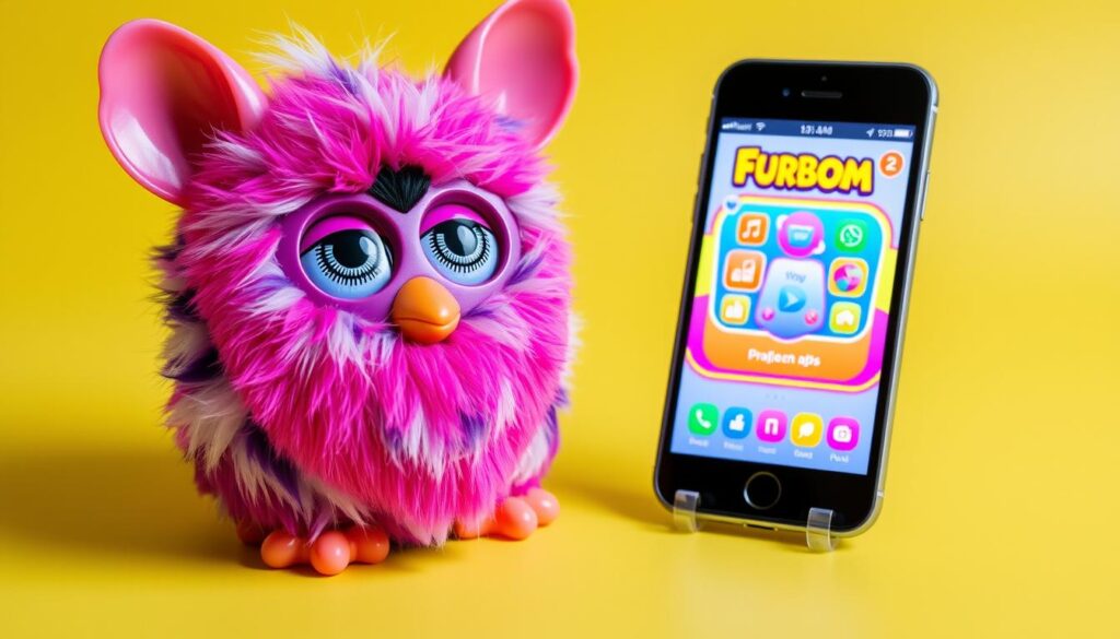 Generate an image of a Furby Boom toy next to a smartphone displaying the Furby Boom app.