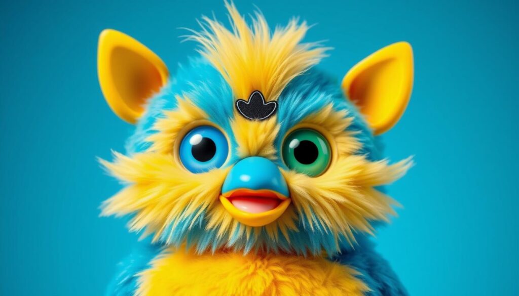 Generate an image of a Kid Cuisine Furby with bright blue and yellow colors and either blue or green eyes.