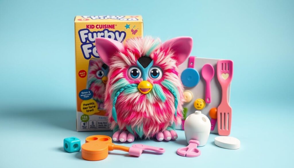Generate an image of a Kid Cuisine Furby with its unique packaging and accessories.