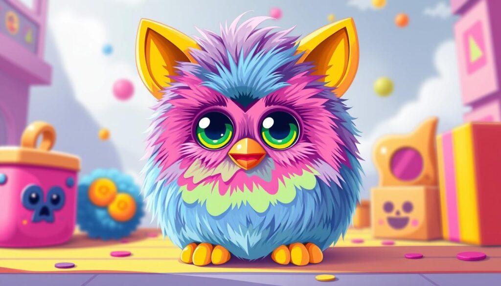 Generate an image of a Rainbow Furby, showcasing its vibrant colors and unique design.