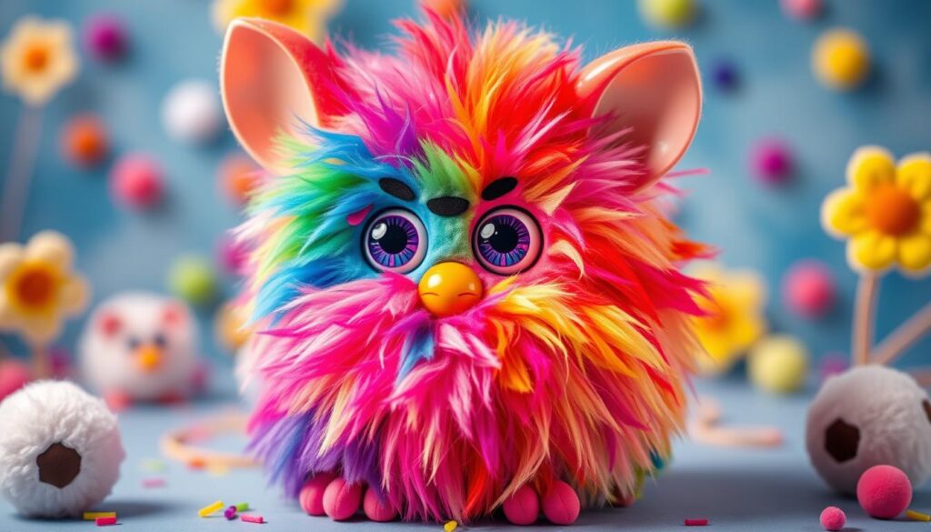 Generate an image of a Rainbow Furby with vibrant, multicolored fur.