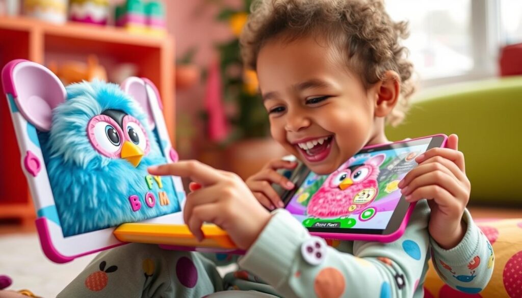 Generate an image of a child interacting with the Furby Boom app on a tablet.