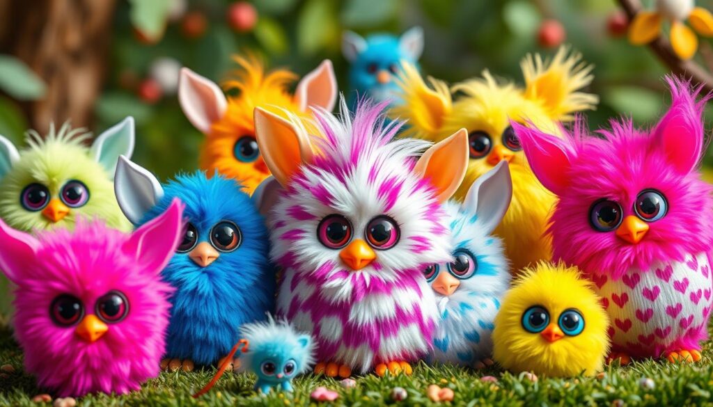 Generate an image of a collection of special edition Furbies