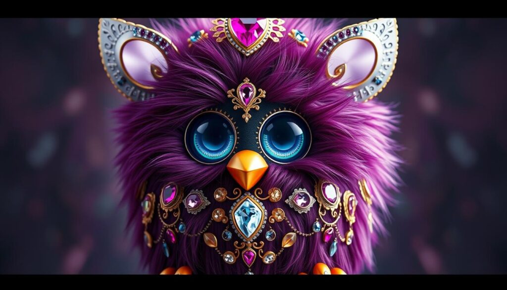 Generate an image of the Bejewelled Furby, showcasing its luxurious design and precious gems.