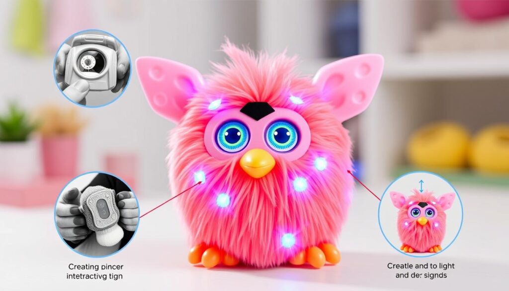 Generate an image of the Furby Coral Interactive Toy with its vibrant coral color and interactive features like lights and sounds.