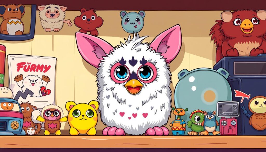 Image of a Furby Original 1999 on a shelf with other collectibles